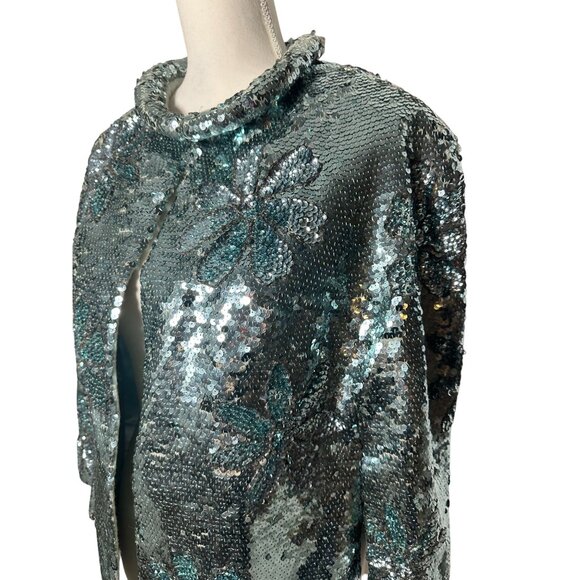 GENE SHELLY'S International Boutique Vintage 100% Wool Blue Sequin Jacket Sz 10 - Picture 2 of 14